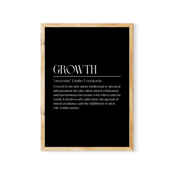 תמונה ממוסגרת עם כיתוב "GROWTH" באותיות שחורות על רקע לבן, מציגה הגדרה של צמיחה.