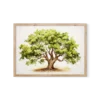 הדפס צבעי מים של נוף יער עבות בגוונים ירוקים, עם גזעי עצים דקים ועלווה עשירה, ממוסגר.