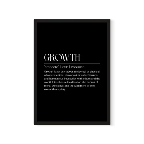 תמונה ממוסגרת עם כיתוב "GROWTH" באותיות שחורות על רקע לבן, מציגה הגדרה של צמיחה.