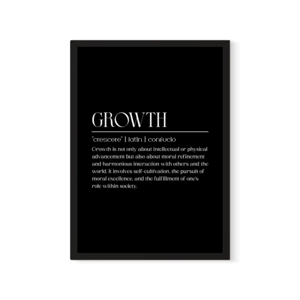 תמונה ממוסגרת עם כיתוב "GROWTH" באותיות שחורות על רקע לבן, מציגה הגדרה של צמיחה.