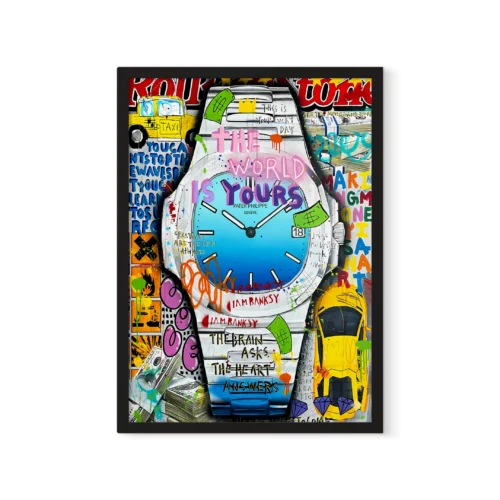 תמונת פופ ארט של שעון יד יוקרתי, שעון פאטק פיליפ, בעיצוב גרפיטי צבעוני עם שטרות דולר וסמלים אורבניים.