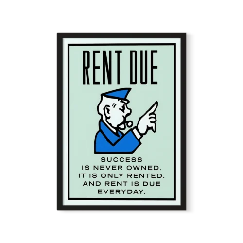 תמונת פופ ארט של שלט מונופול 'שכירות לתשלום' (Rent Due) עם כיתוב באנגלית, ממוסגרת בעץ.