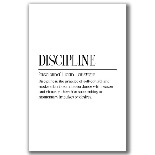 תמונת קנבס שחור-לבן מינימליסטית עם המילה 'Discipline' באותיות גדולות וברורות