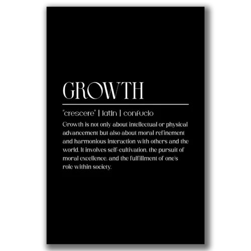 תמונת קנבס עם כיתוב שחור 'GROWTH' ומתחתיו הגדרת צמיחה, על רקע לבן מינימליסטי.