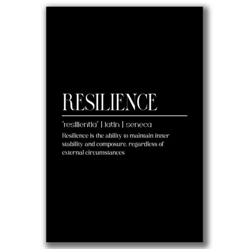 תמונת קנבס מלבנית בשחור לבן עם המילה RESILIENCE בגופן נקי ובולט במרכז.