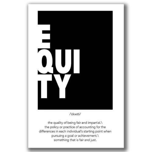 תמונת קנבס שחור לבן המציגה את המילה 'EQUITY' וכיתובי הגדרה קצרים סביבה.