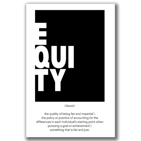 תמונת קנבס שחור לבן המציגה את המילה 'EQUITY' וכיתובי הגדרה קצרים סביבה.