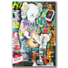 תמונת קנבס של דמות KAWS אייקונית עם עיני X, בסגנון פופ ארט צבעוני המשלב אלמנטים של אמנות רחוב.