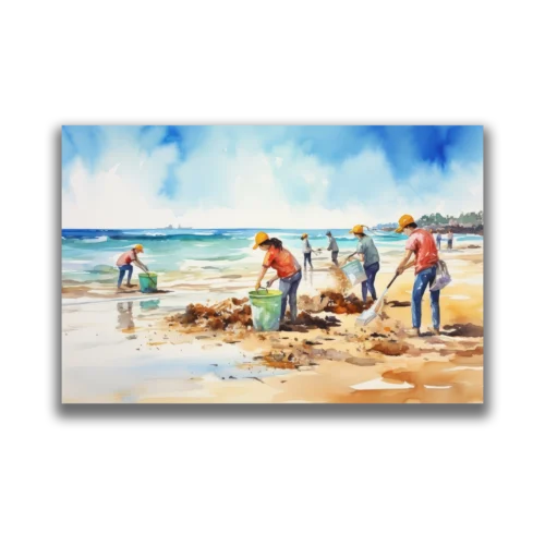 תמונת צבעי מים של ילדים ומבוגרים אוספים פסולת עם דליים ושקיות בחוף ים שטוף שמש.
