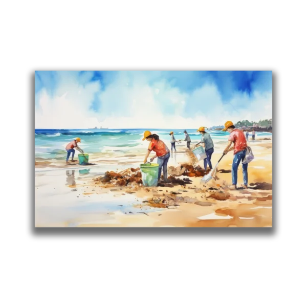 תמונת צבעי מים של ילדים ומבוגרים אוספים פסולת עם דליים ושקיות בחוף ים שטוף שמש.