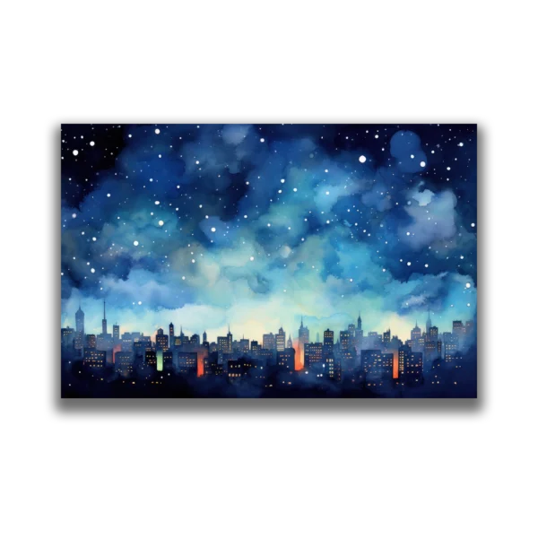 תמונת הדפס צבעי מים של קו רקיע אורבני לילי, עם מגדלים מוארים על רקע שמי לילה כחולים כהים ועננים.