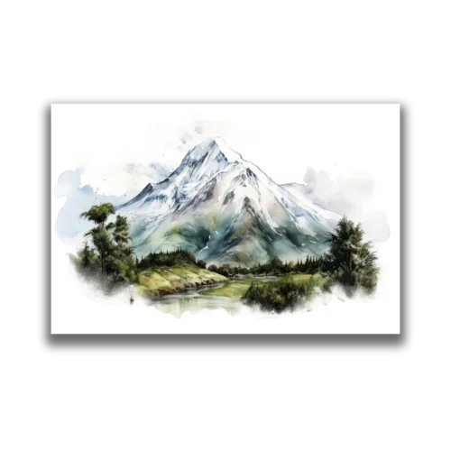 תמונת צבעי מים של נוף הררי פסטורלי עם אגם כחול, יער עצי מחט ירוק ופסגות מושלגות תחת שמיים בהירים.