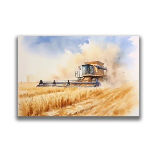 תמונת צבעי מים של שדה חיטה זהוב בזמן קציר, עם טרקטור בשדה ושמים כחולים בהירים ועננים לבנים.